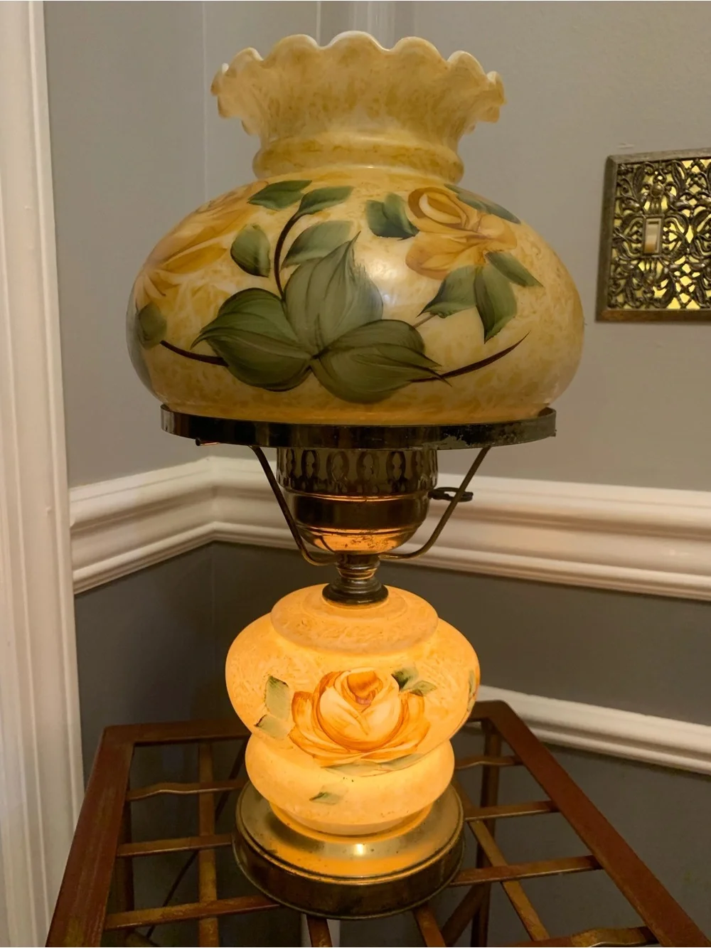Hurricane Parlor Lamp 3-Way 18” Tall Hand Painted Floral Victorian Style